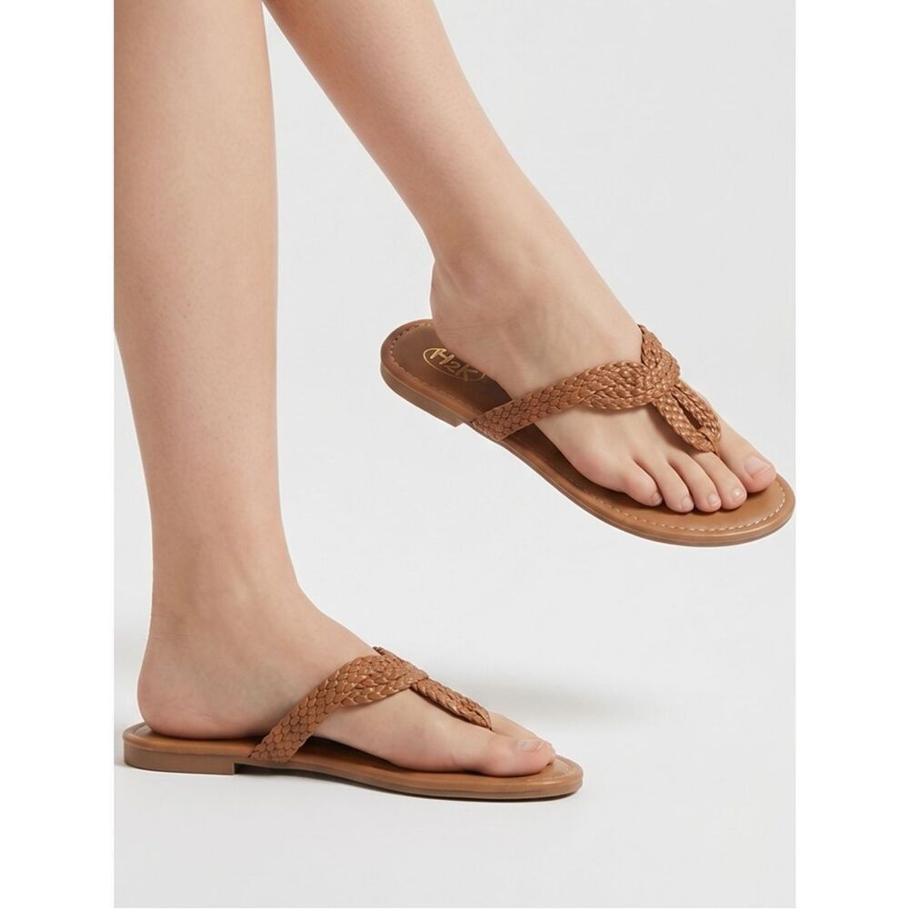 H2K | Tan Braided Flat Slip On Flip Flops Women’s Size 8
